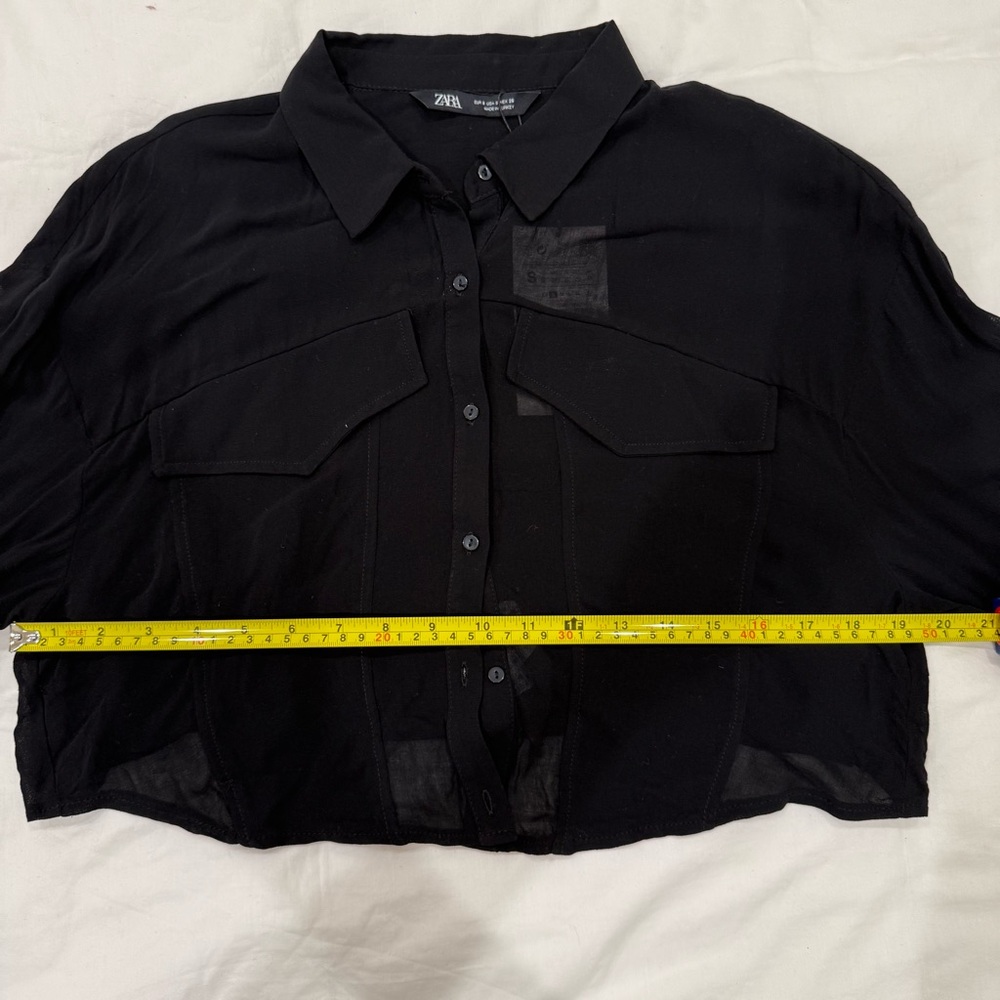 NWT Zara Black Sheer Button-Up Cropped Shirt - Picture 3 of 7